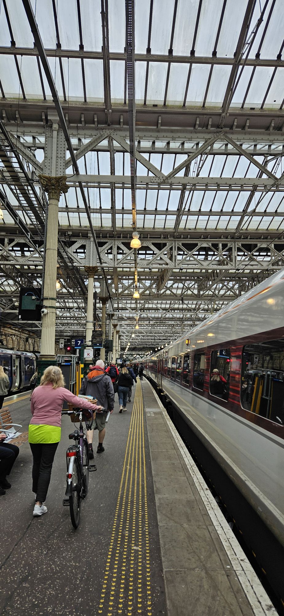 A bustling train station platform under a large glass roof. Travelers walk alongside a stationary train on the right. A woman in a green jacket pushes a bicycle. Overhead, lights hang from the intricate metal framework. Yellow tactile paving lines the edge of the platform.